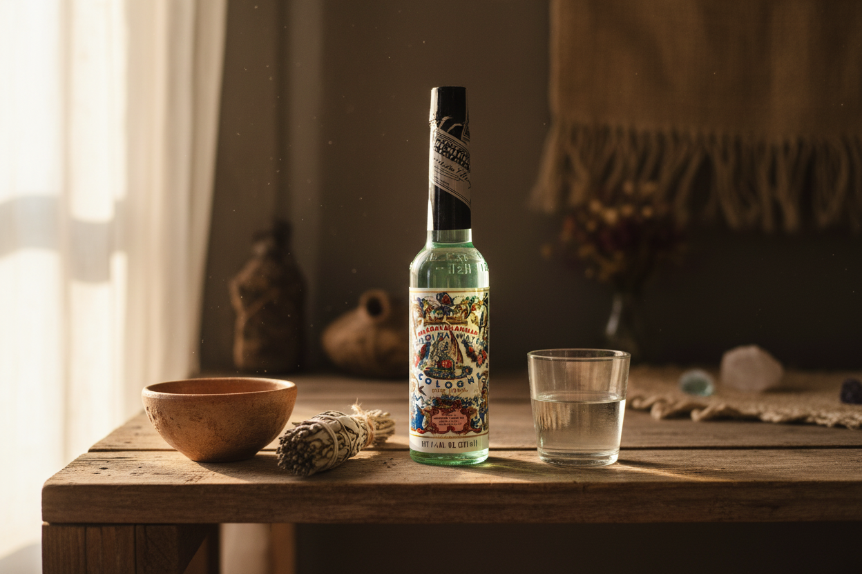 Florida Water Cologne 7.5 oz on a wooden spiritual shelf with clay bowl, dried herbs, and glass of water