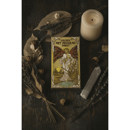 Golden Art Nouveau Tarot box displayed upright on dark wood surrounded by dried botanicals, an unlit white pillar candle, and a selenite crystal wand