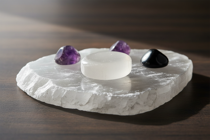 Polished 1.5 inch selenite worry stone resting on a raw selenite charging slab alongside amethyst and black obsidian tumbles