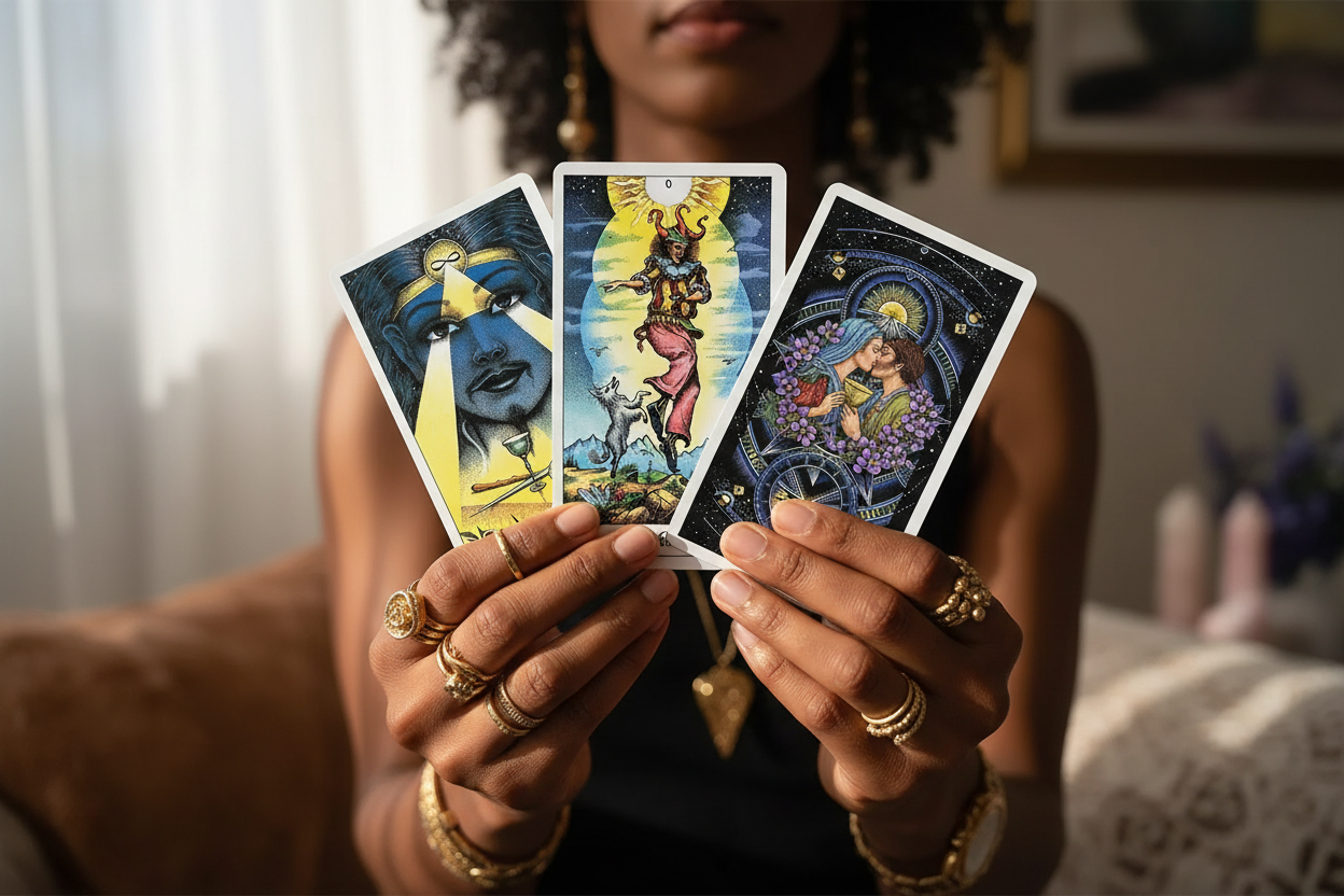 Mixed-race woman fanning Cosmic Tarot cards including The Fool, The Magician, and Two of Cups