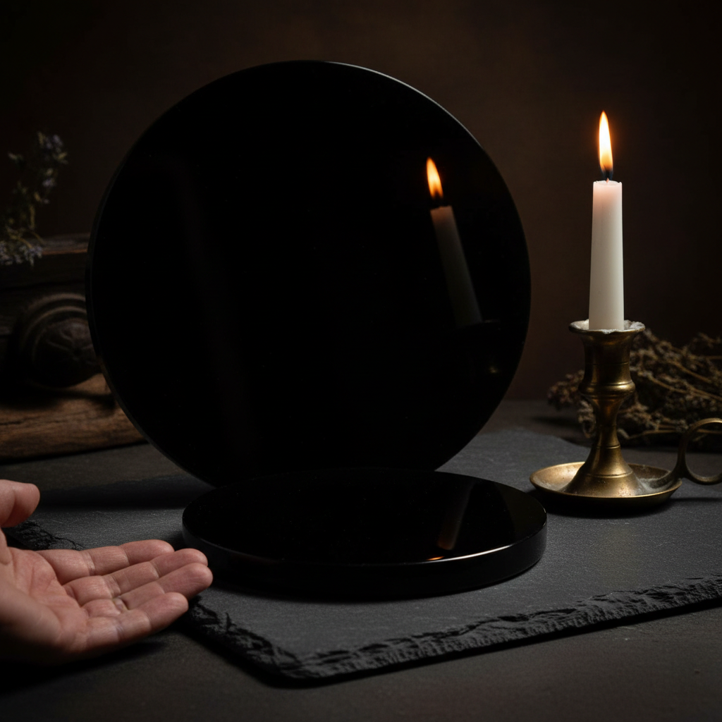 Black Obsidian Scrying Mirror 8 inch thick solid black glass disc with candlelight and hand for scale