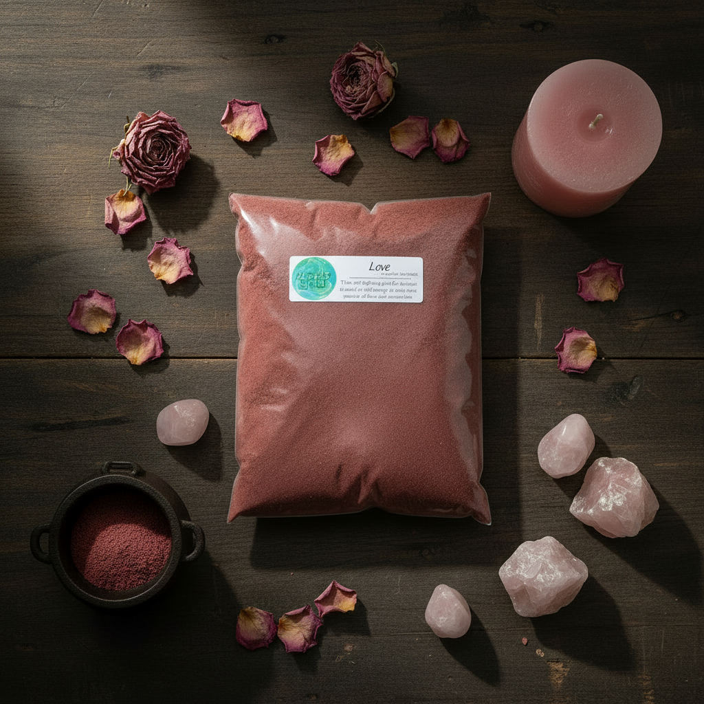 Overhead flat lay of Love Powder Incense 1 lb bag with pink candle, rose petals, rose quartz crystals, and a small cauldron on a dark wooden surface