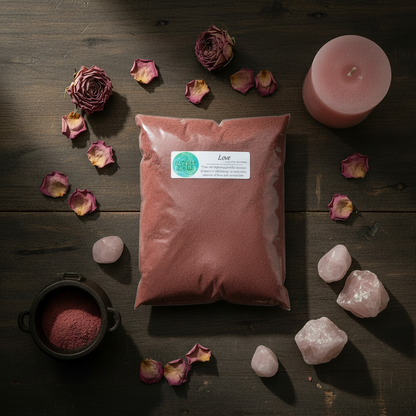 Overhead flat lay of Love Powder Incense 1 lb bag with pink candle, rose petals, rose quartz crystals, and a small cauldron on a dark wooden surface