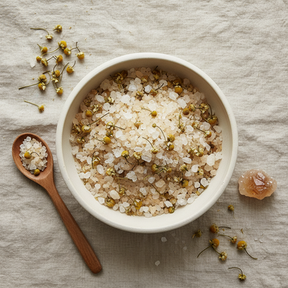 Flat lay of prosperity bath salts in a ceramic bowl with dried chamomile, citrine crystal, and wooden spoon on linen