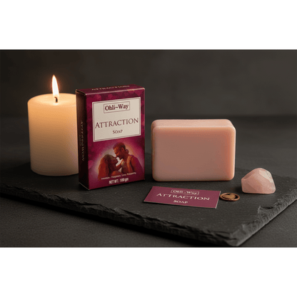 Ohli-Way Attraction Soap set with pink bar, burgundy box, gold heart charm and prayer card on dark slate with lit candle and rose quartz crystal