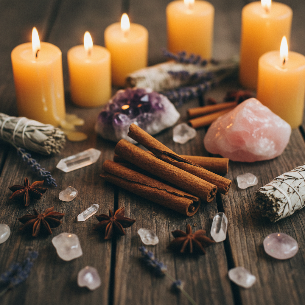 2 ounces of cinnamon sticks (Cinnamomum cassia) arranged on a spiritual altar with candles and crystals