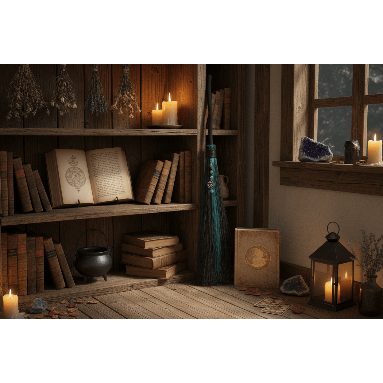 21-inch Celtic black and green besom broom propped in a witchy cottage interior with spell books, hanging herbs, and a cauldron