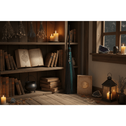 21-inch Celtic black and green besom broom propped in a witchy cottage interior with spell books, hanging herbs, and a cauldron
