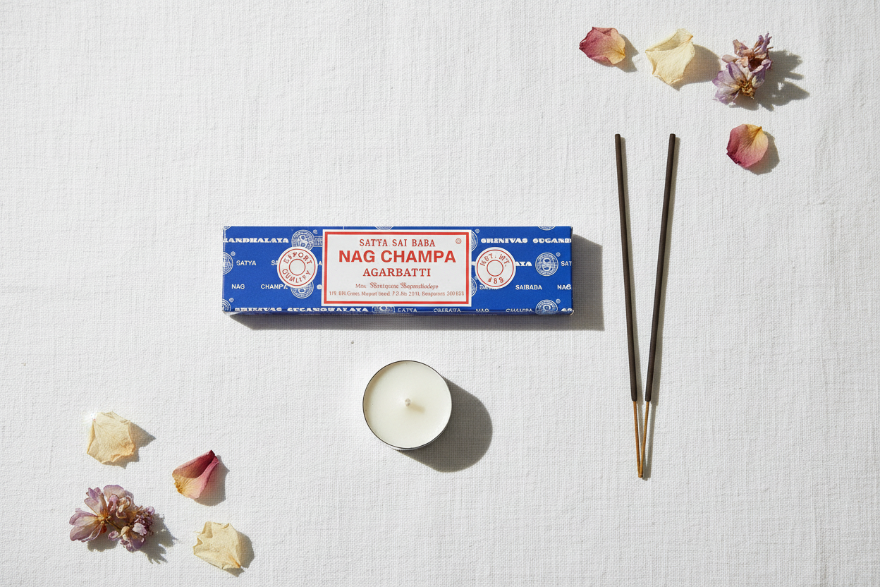 Nag Champa incense packaging with incense sticks and a candle on a light background
