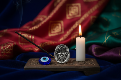 Hamsa pewter pocket stone on a ritual altar with candle, incense, and evil eye bead