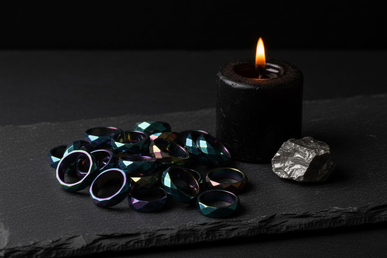 Rainbow magnetic hematite faceted rings piled on dark slate with a lit black pillar candle and raw hematite stone