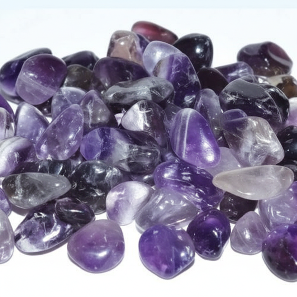 Close-up macro detail of smooth tumbled amethyst chips