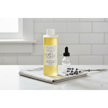 Castor Carrier Oil 8oz bottle on marble countertop with glass dropper, dried lavender, and linen cloth in soft natural light