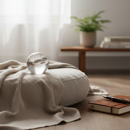 Clear quartz gazing ball on a linen cloth next to a journal and pen on a meditation cushion