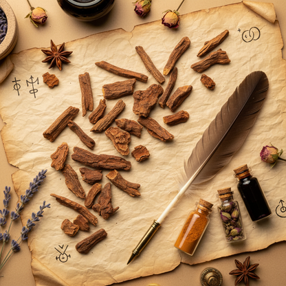 Jezebel Root Pieces flat lay with parchment paper, quill, and glass vials
