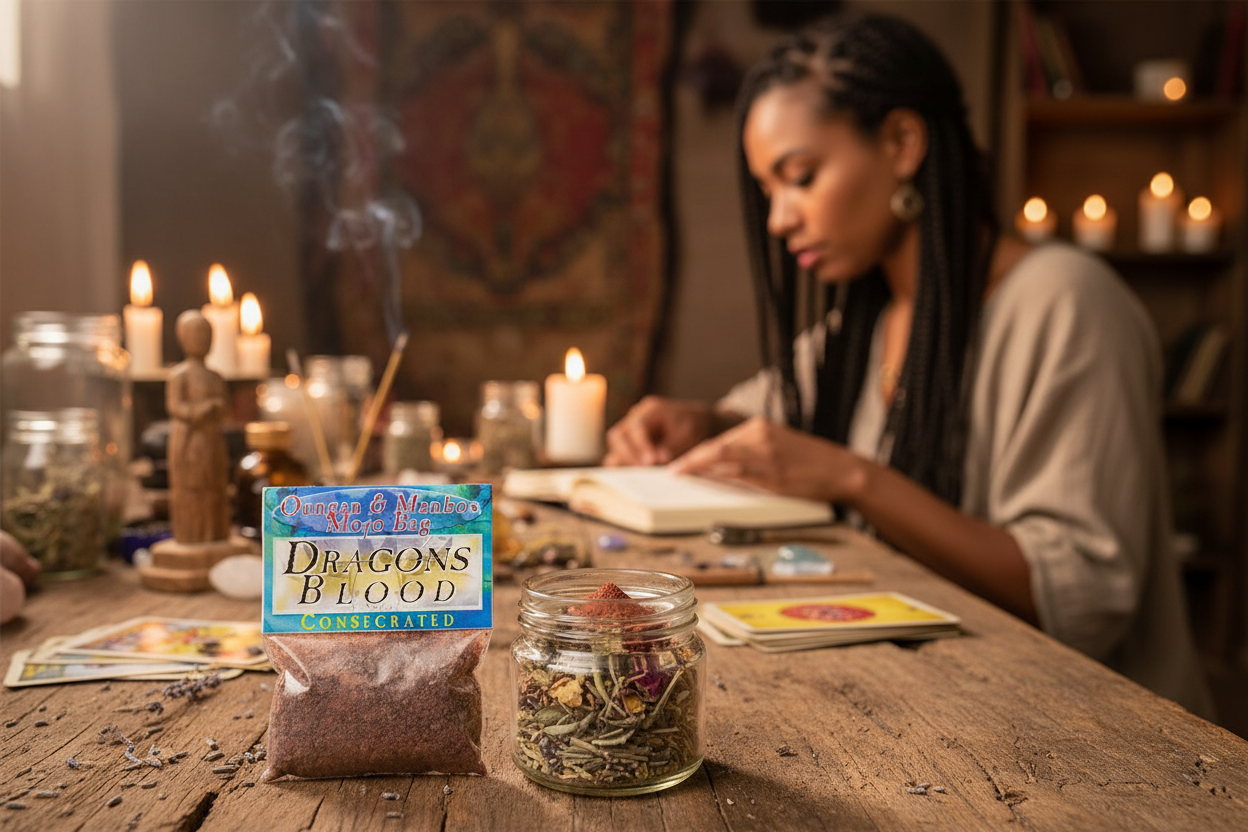 Consecrated Dragon's Blood Resin bag on rustic wooden altar with spell jar, woman casually journaling in background