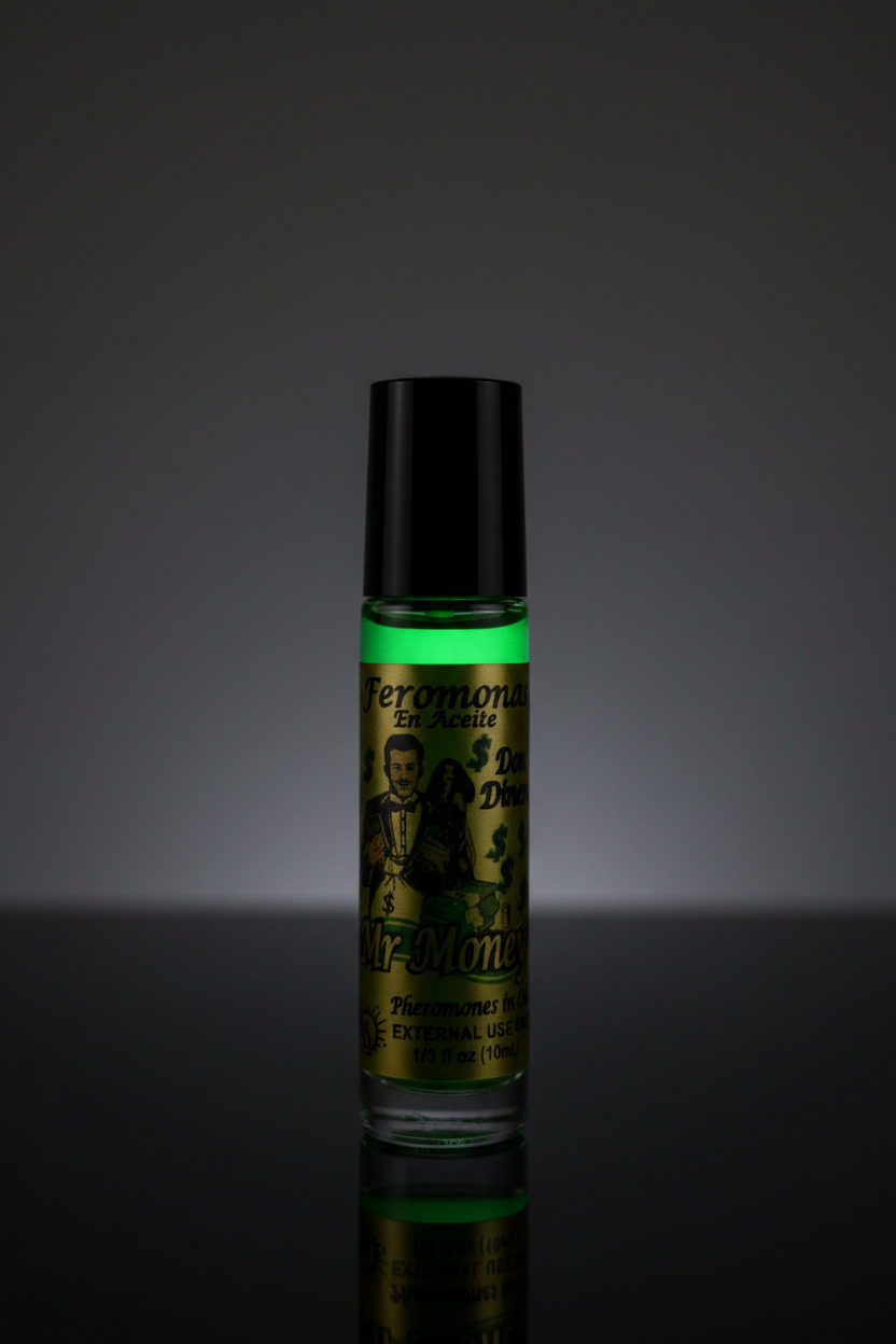Mr. Money roll-on perfume on black reflective surface with dramatic green glowing light