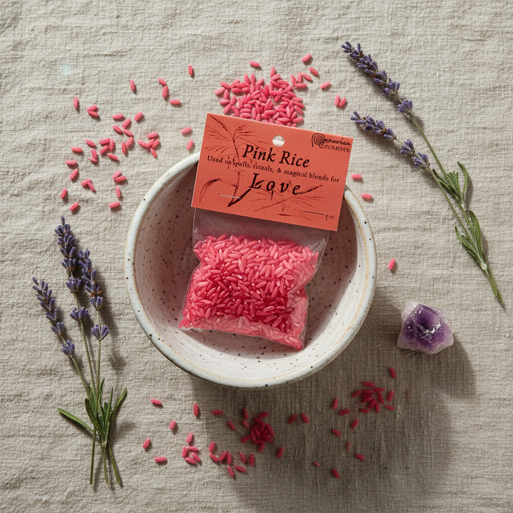 1oz Pink Infused Love Rice bag in a ceramic dish on linen with scattered pink rice grains, lavender sprigs, and amethyst crystal