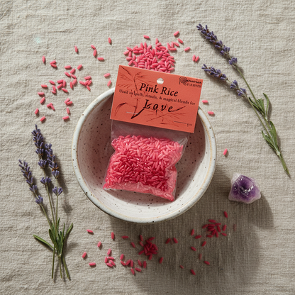 1oz Pink Infused Love Rice bag in a ceramic dish on linen with scattered pink rice grains, lavender sprigs, and amethyst crystal