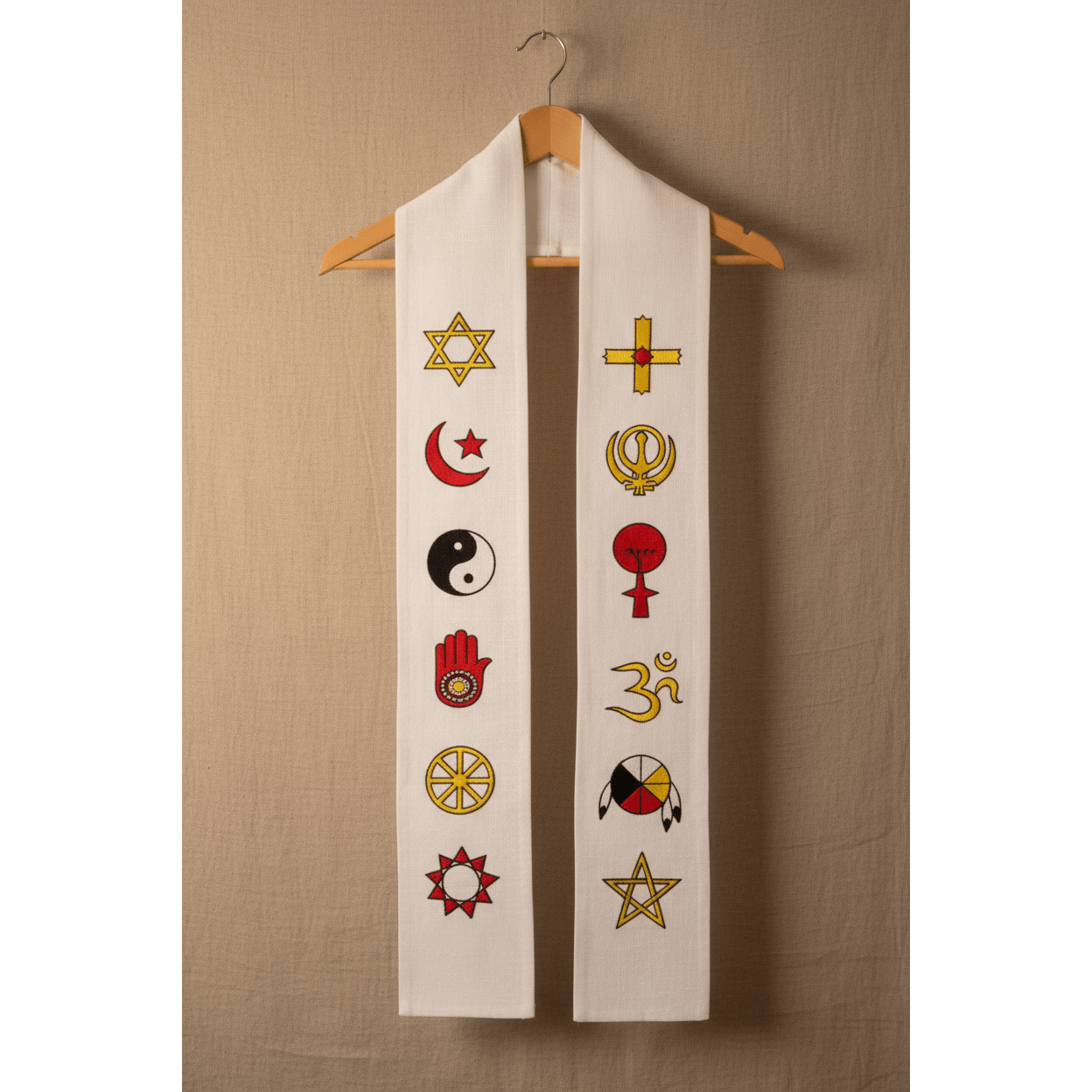White interfaith stole with twelve sacred religious symbols draped on a wooden hanger against a neutral linen backdrop