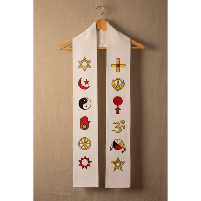 White interfaith stole with twelve sacred religious symbols draped on a wooden hanger against a neutral linen backdrop