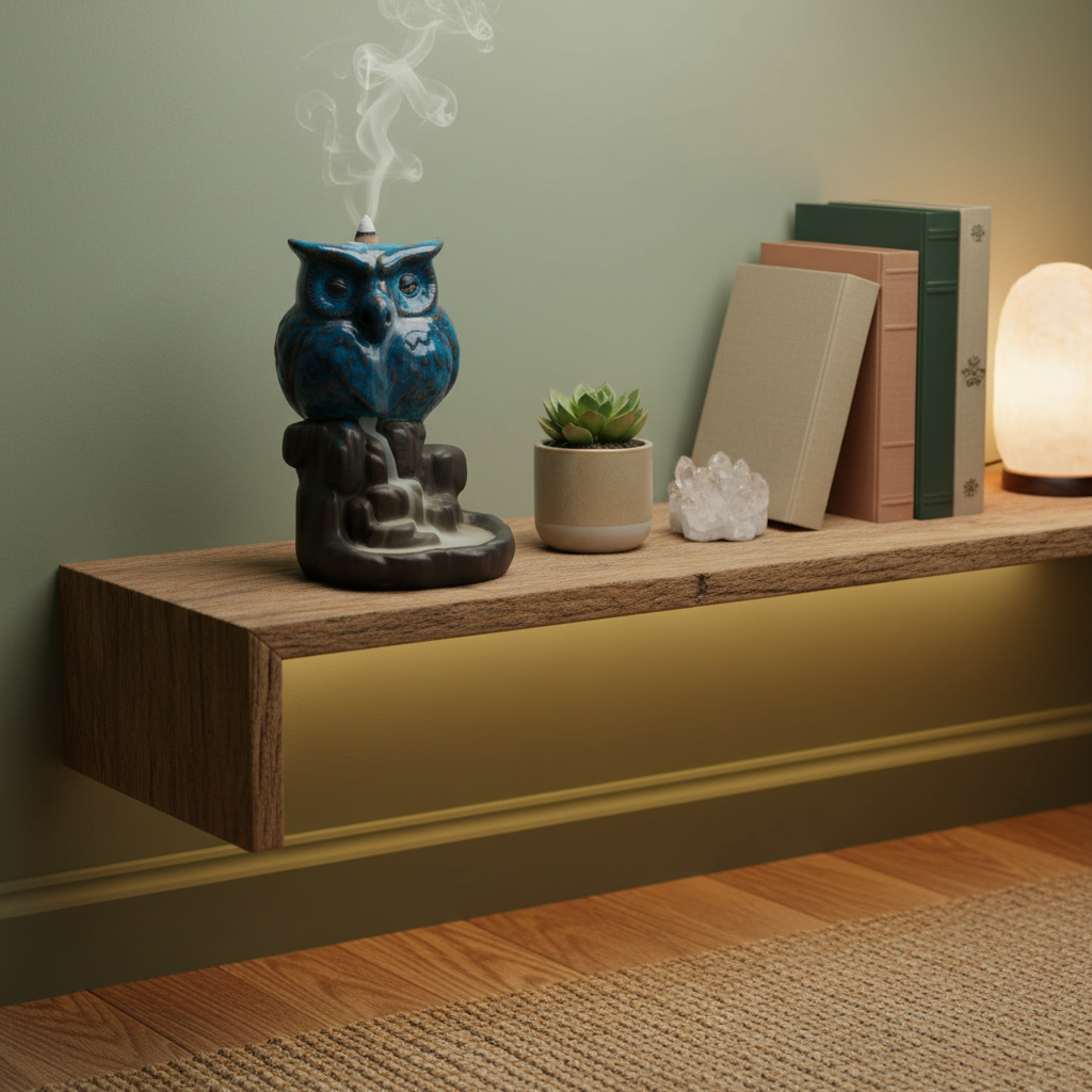 Owl backflow incense burner on a meditation altar shelf with crystals and books