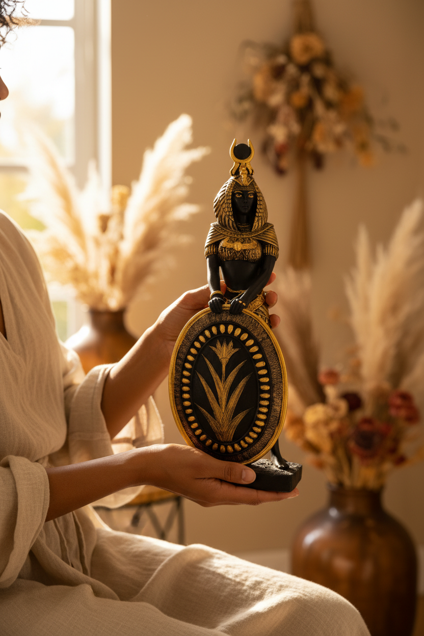 Mixed-race woman holding 13-inch Black and Gold Shielded Isis Statue showing true scale