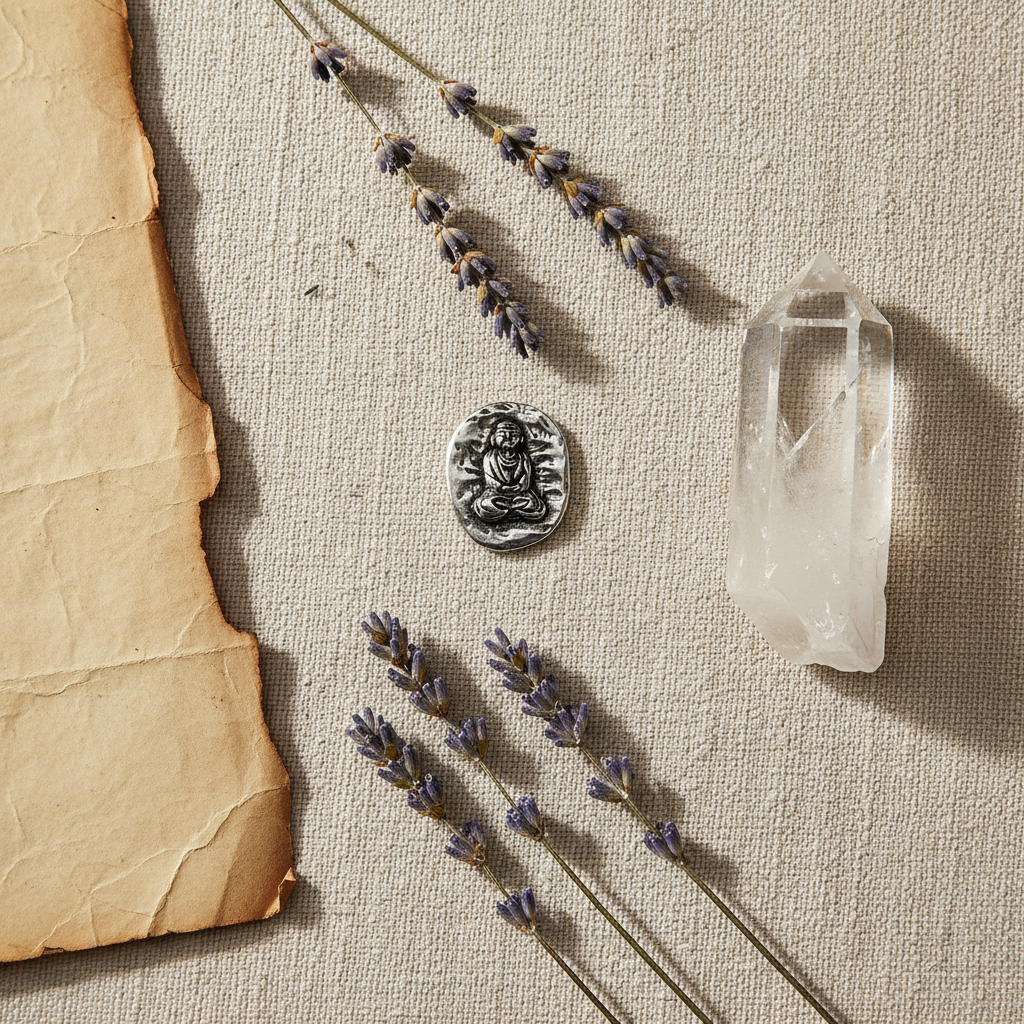 Buddha pocket stone flat lay with dried lavender, quartz crystal point, and parchment on linen background