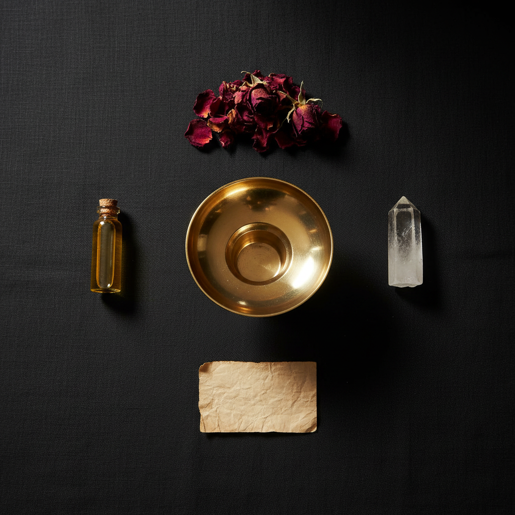 Brass Universal Candle Holder on black linen with ritual objects flat lay