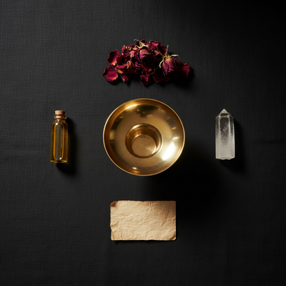 Brass Universal Candle Holder on black linen with ritual objects flat lay
