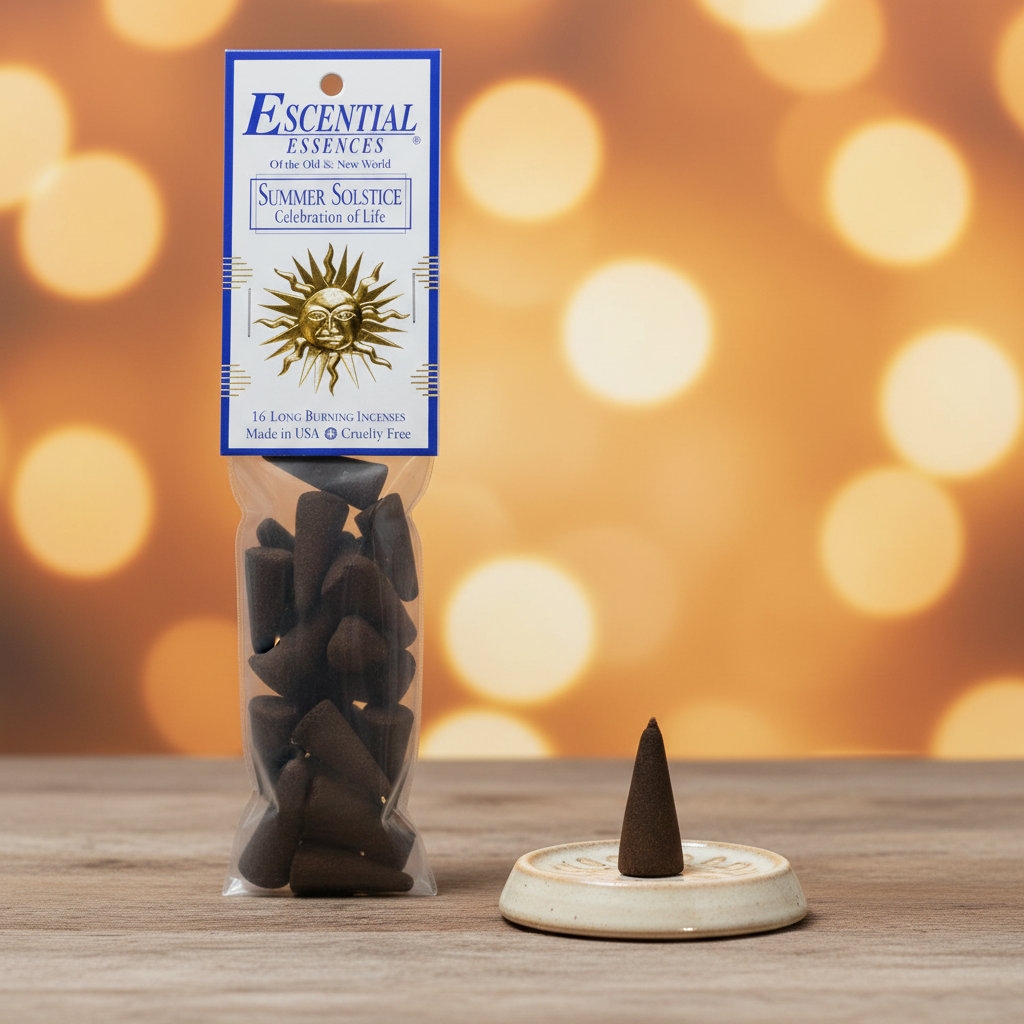 Summer Solstice incense cone unlit on a ceramic holder with warm amber bokeh background