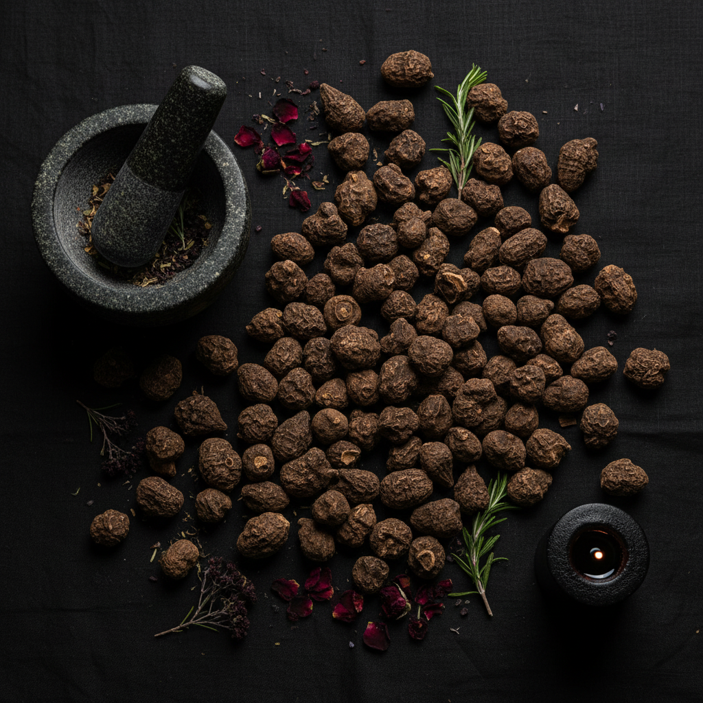 High John the Conqueror Root overhead flat lay on black linen with mortar and pestle and candle