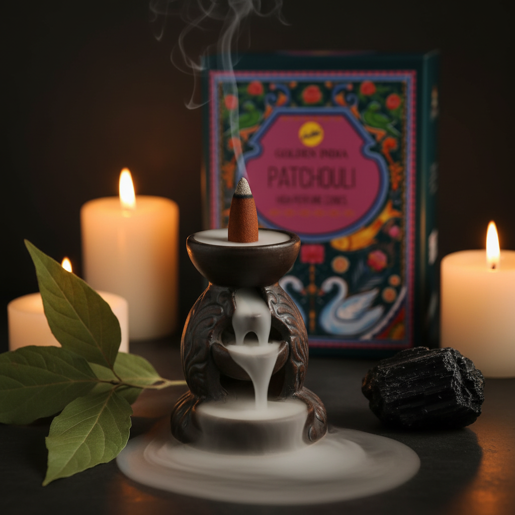 Patchouli backflow incense cone burning on ceramic burner with smoke waterfall and patchouli leaves