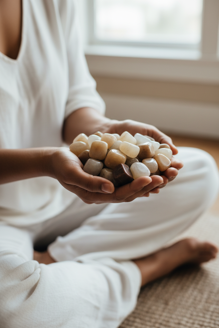 South Asian woman holding moonstone tumbled stones in meditation