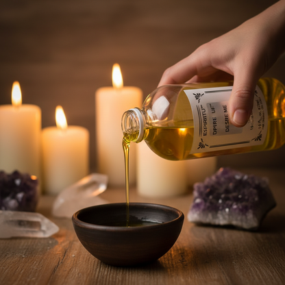 Hands pouring yellow Desire Me Espiritu 16oz oil during a spiritual ritual with candlelight and crystals