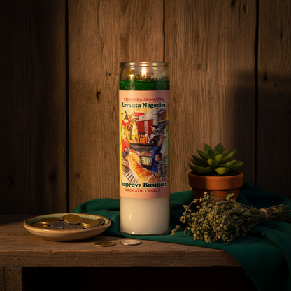 Improve Business (Levanta Negocios) Aromatic Jar Candle, styled on altar