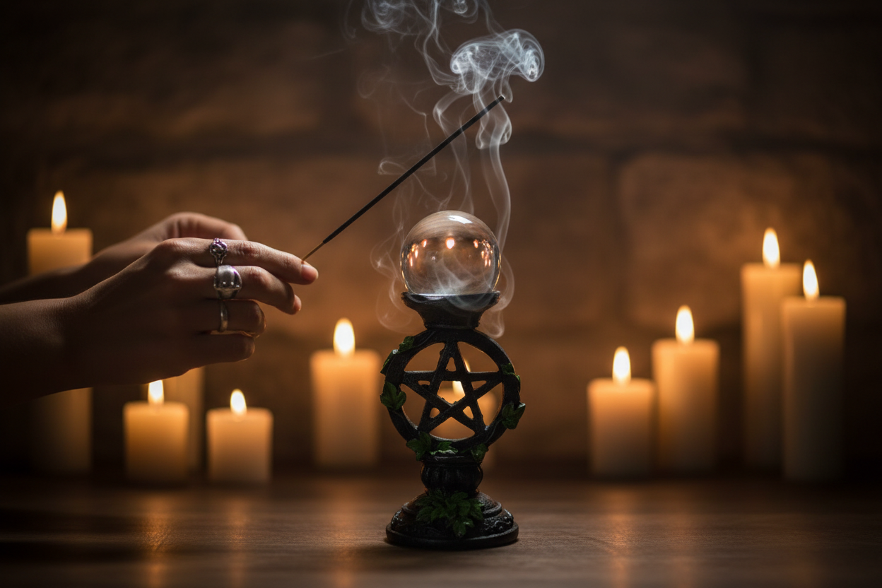 Clear Gazing Ball with Pentagram Stand, 50mm, 7 Inch Tall, additional view