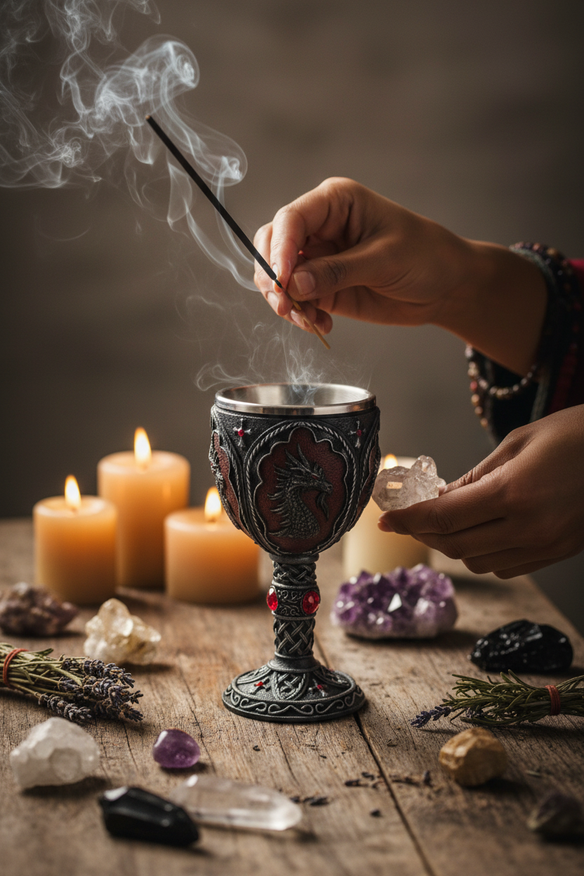 Dragon Chalice, 7.5 Inches, shown in use