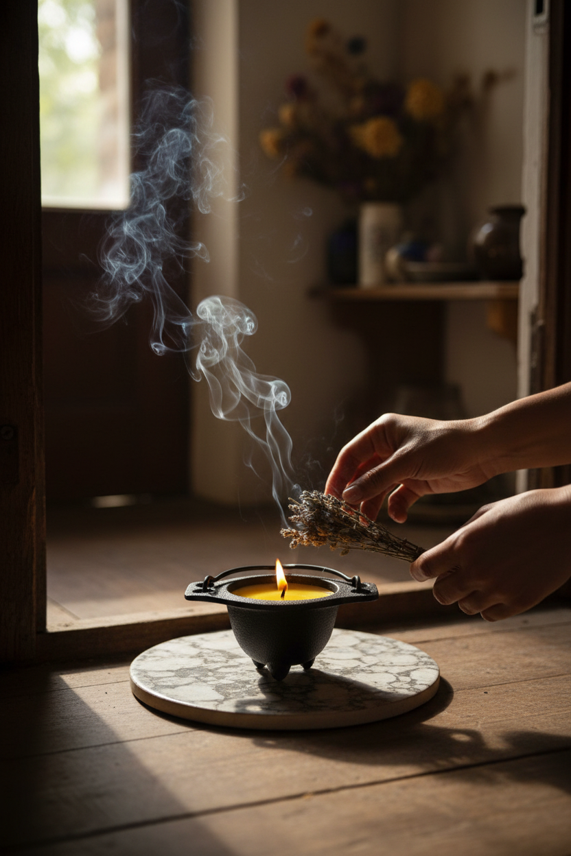 Citronella Candle in Cast Iron Cauldron, shown in use