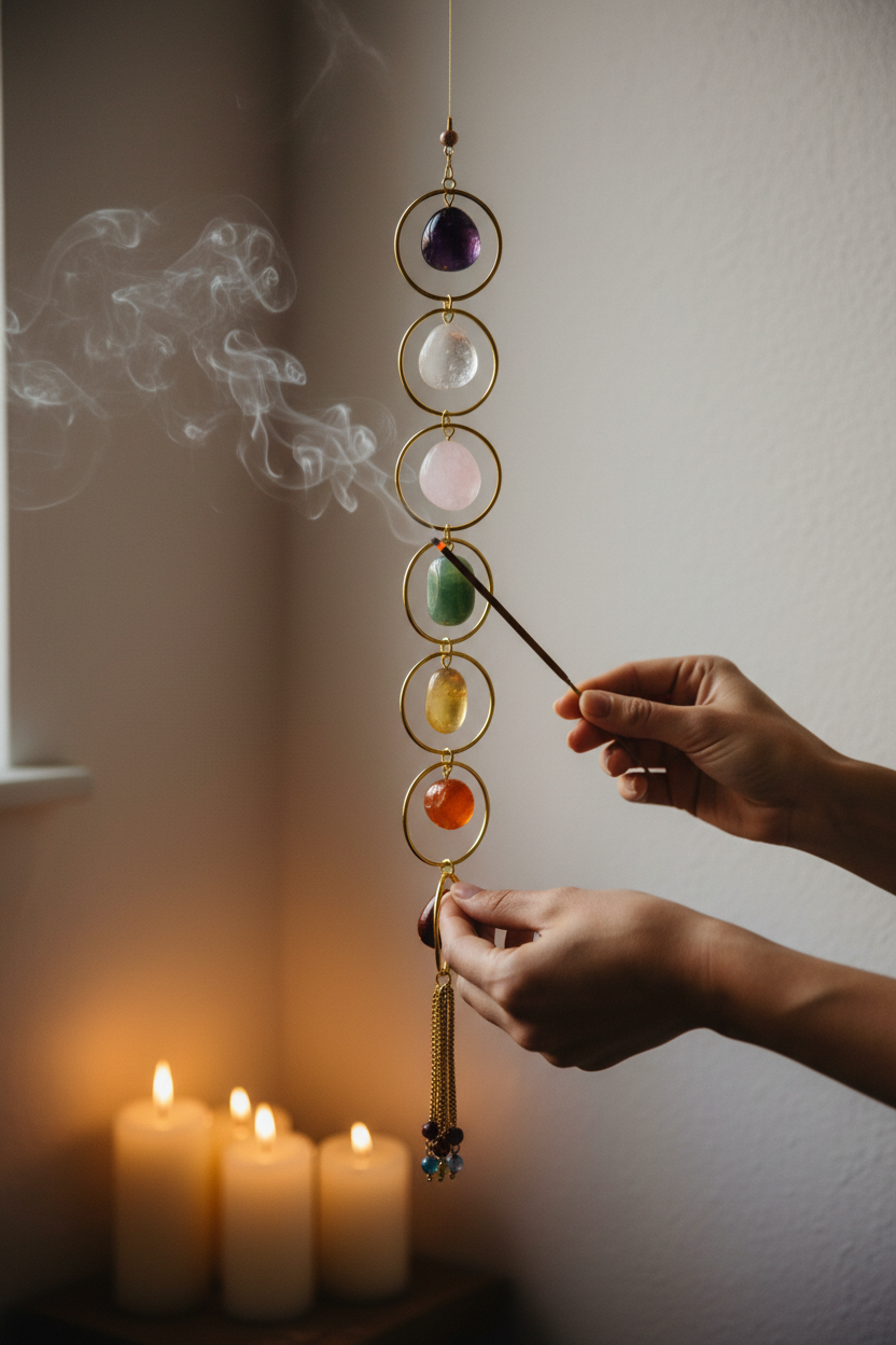 Gemstone 7 Chakra wall hanging, alternate view