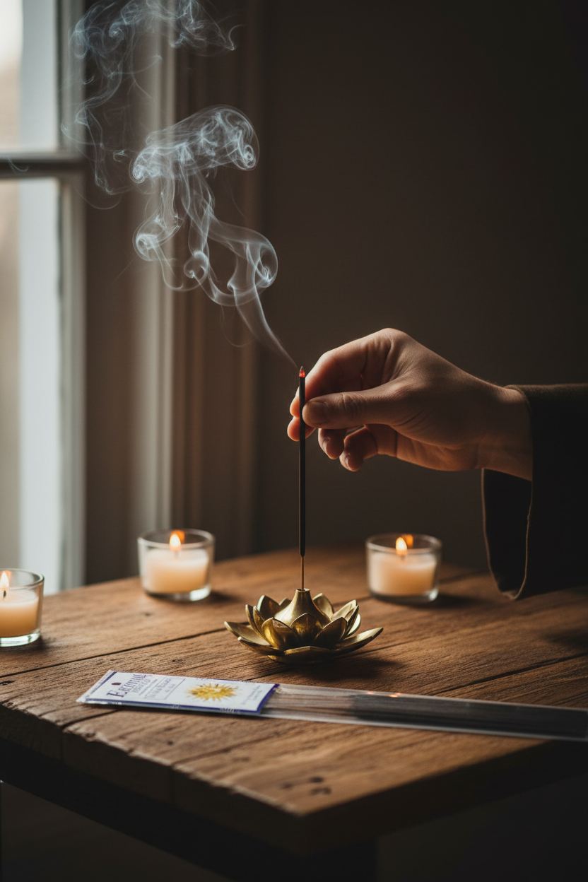 Four Elements Incense Sticks by Escential Essences, 16 Sticks, shown in use