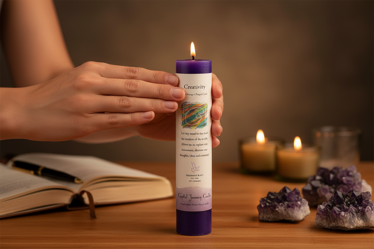 Creativity Reiki Charged pillar candle, alternate view