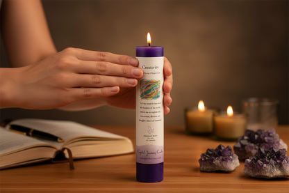 Creativity Reiki Charged pillar candle, alternate view