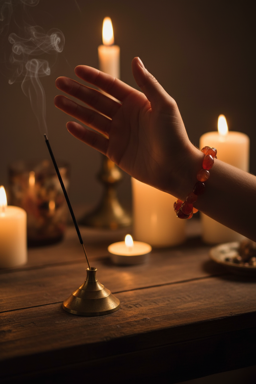 Carnelian Gemstone Bracelet, shown in use
