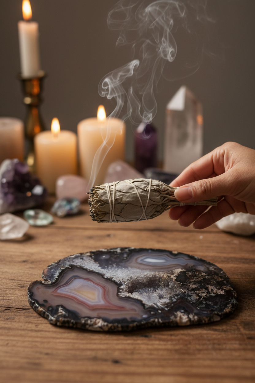 Brazilian Agate Altar Tile, 7 Inch, shown in use