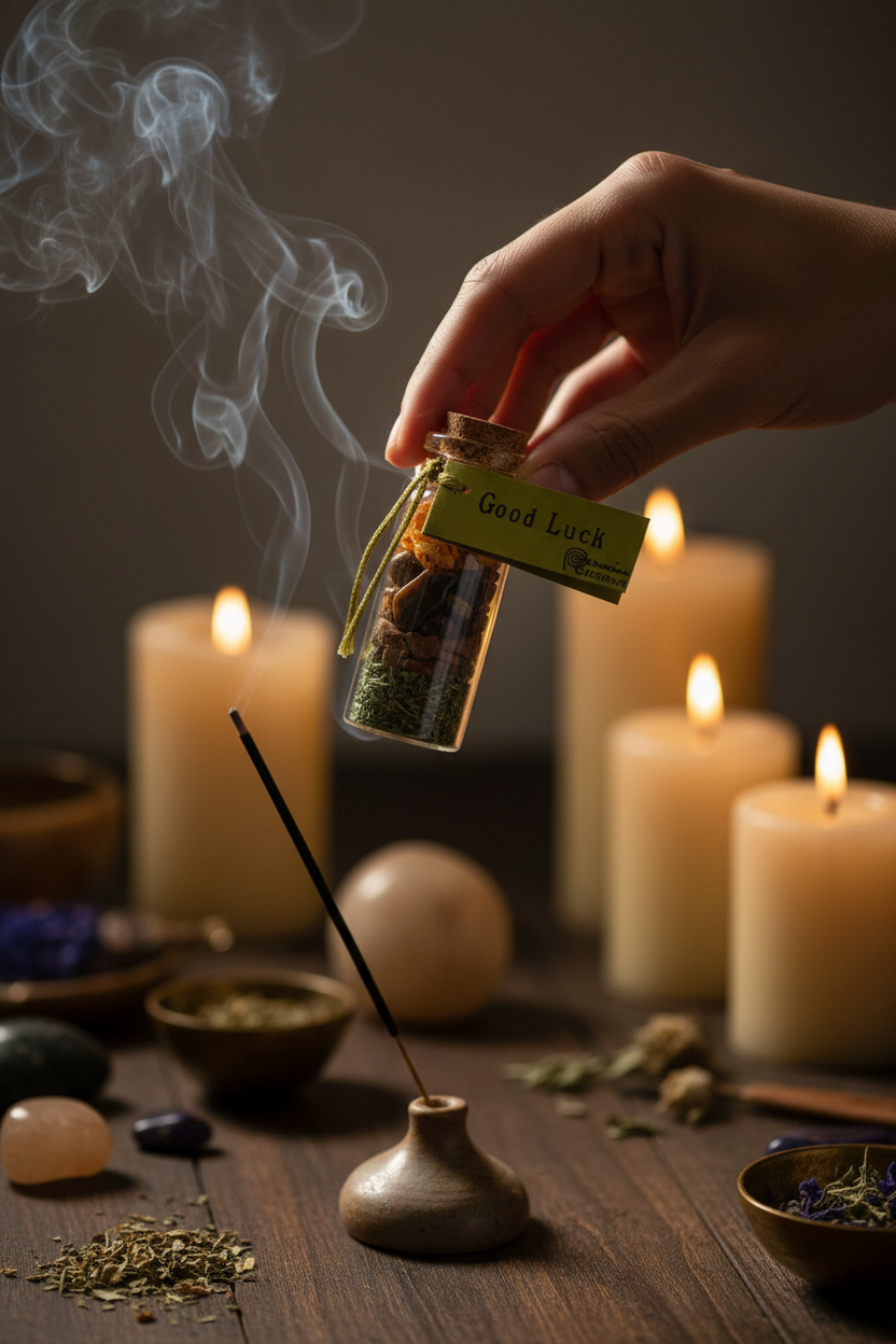 Good Luck Pocket Spellbottle, 2 Inches, shown in use