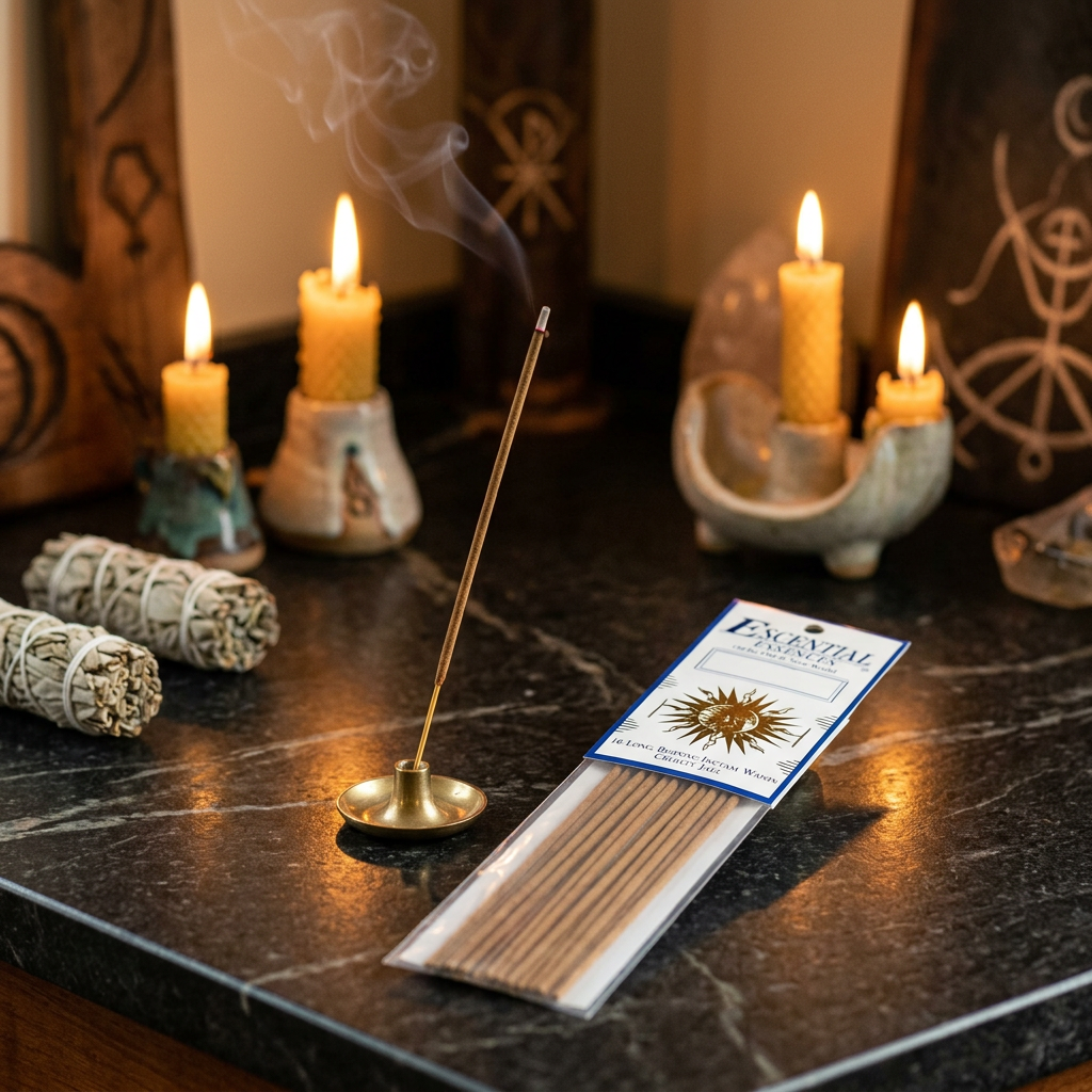 Incense box placed on dark stone countertop in a warm lit room with candles and mystical symbols, creating a sacred atmosphere.