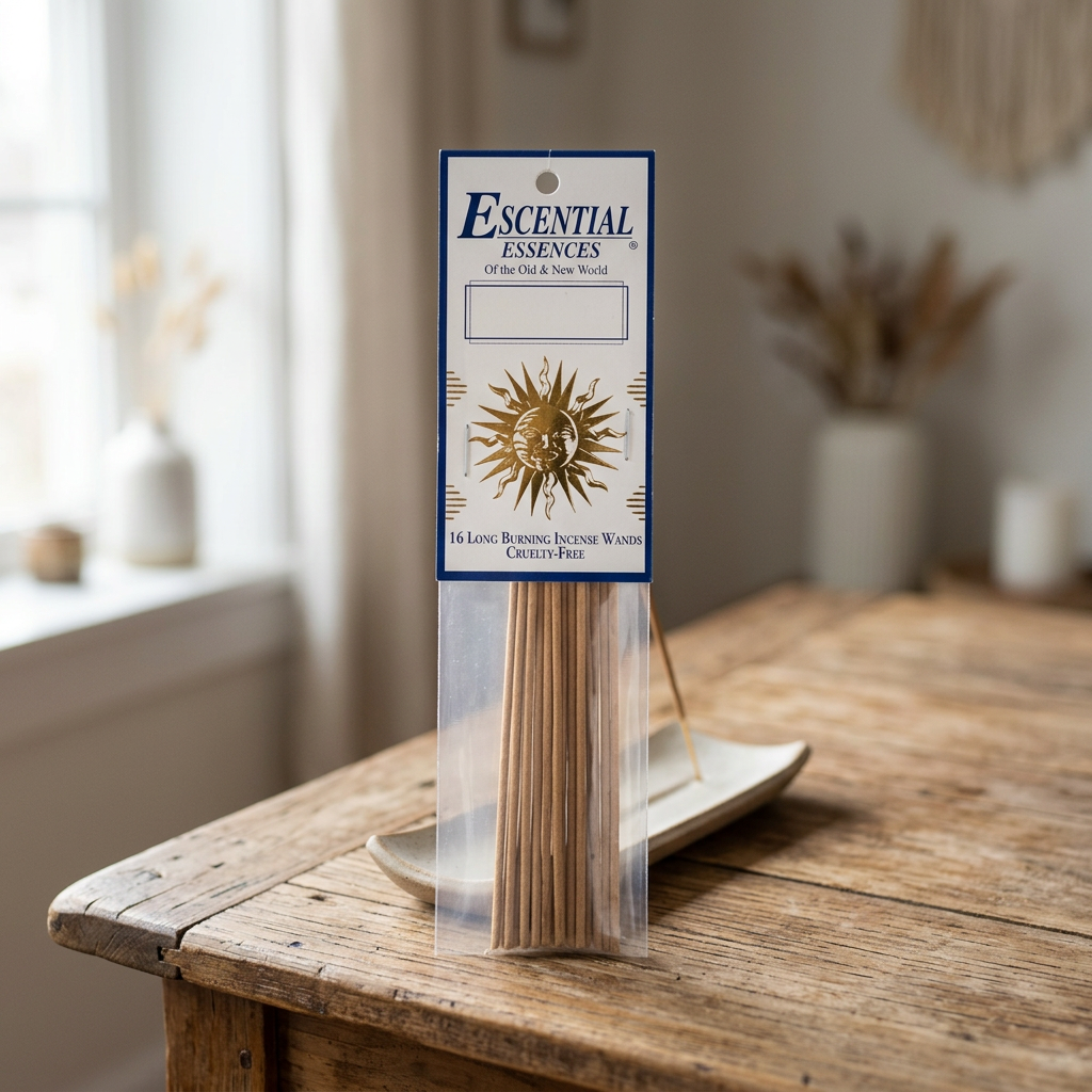 Full-body scene of a premium incense stick placed vertically in a ceramic holder on a rustic wooden table indoors, creating a calming ambiance.