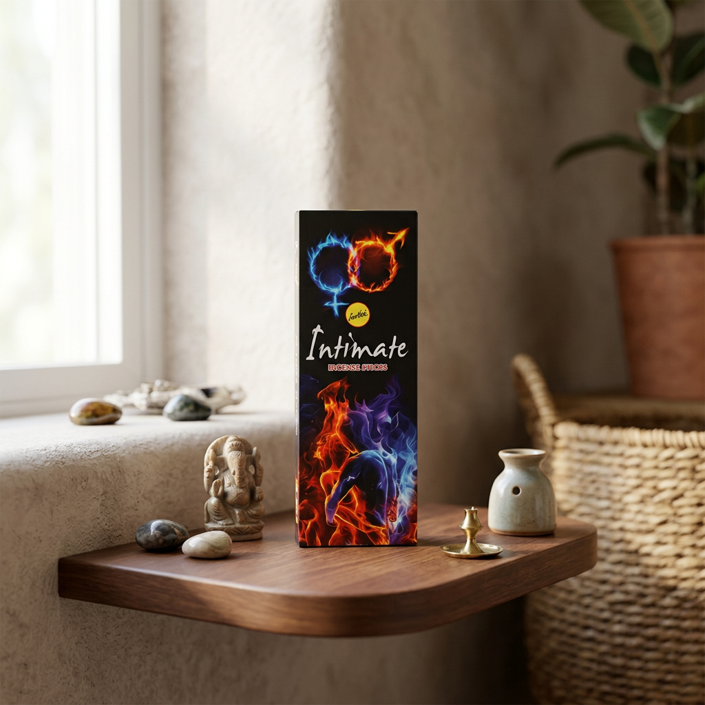 Box of 6 Intimate Sree Vani Incense Sticks resting on a shelf in a tranquil room with soft daylight and curated decor.