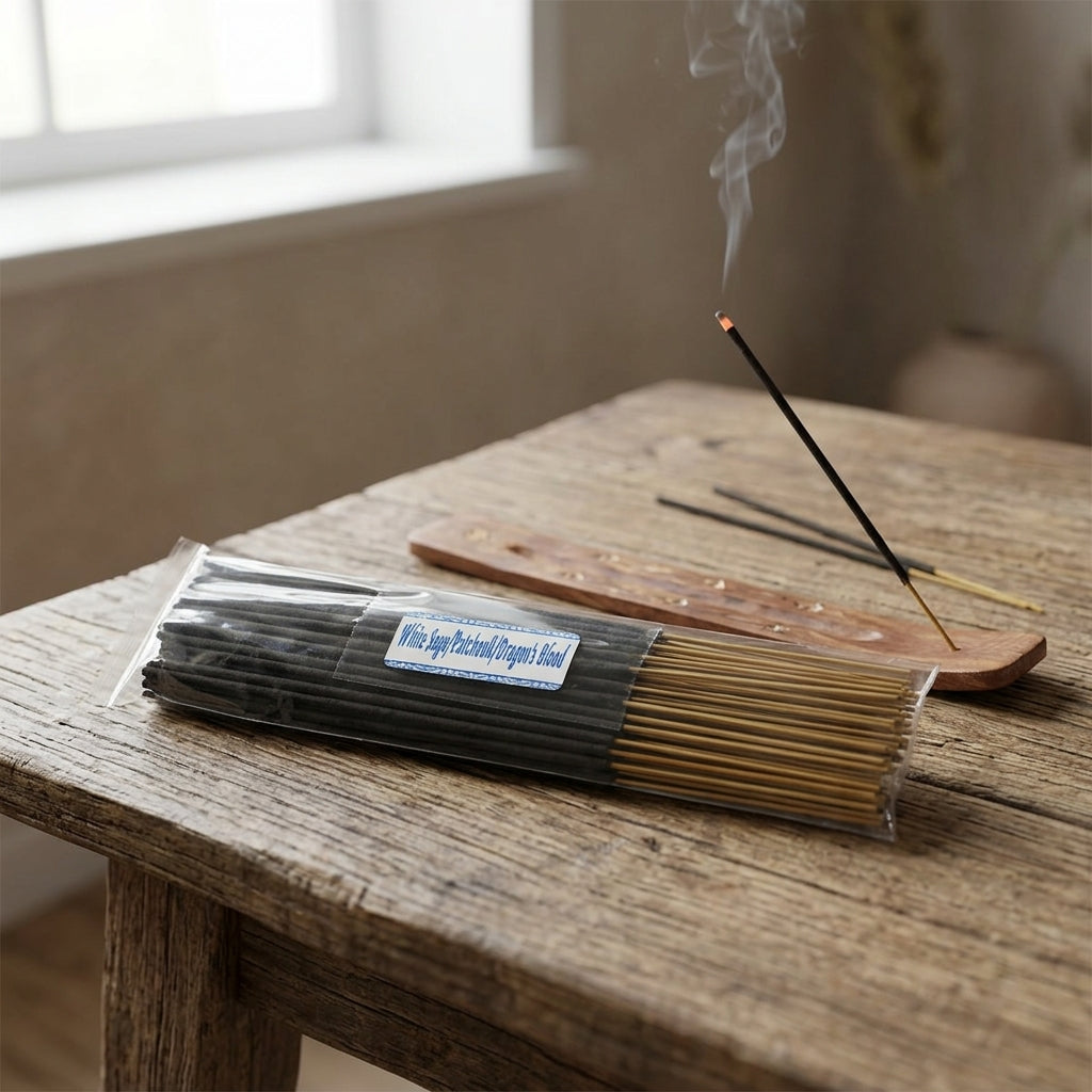 Photorealistic scene of white sage patchouli dragon's blood incense sticks in rustic wooden holder on textured stone, natural light.